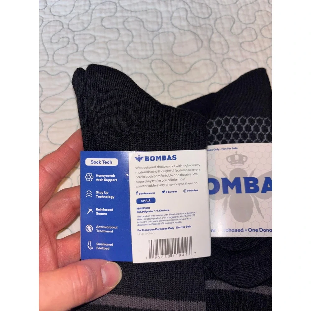 Bombas Crew Socks Black Grey Honeycomb Arch Support Small 2 Pairs Small